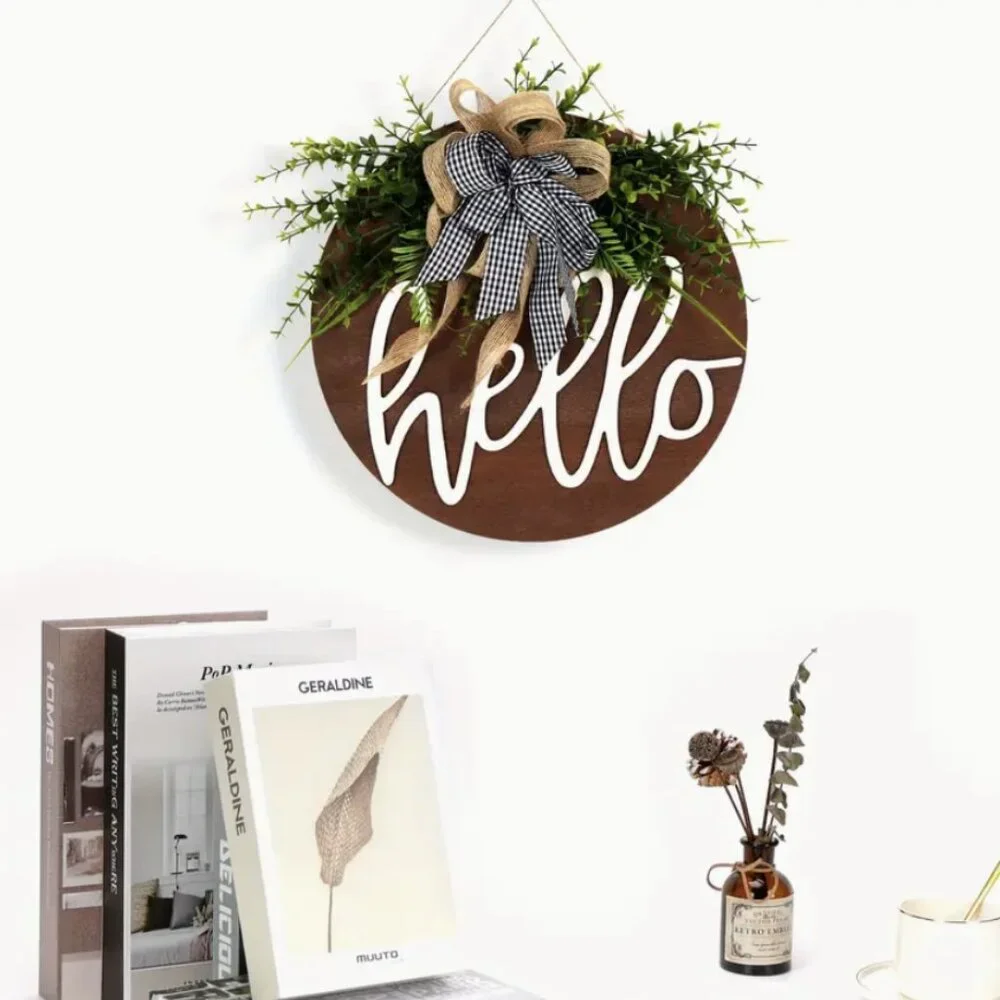 Hello Rustic Farmhouse Welcome Sign Buffalo Check Bow Wood Handmade Wreath Gift